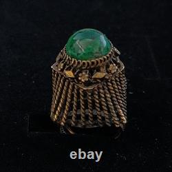 Boho Tribal Ring Yemenite Green Stone Filigree Ethnic Sterling Gold Plate VTG