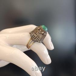 Boho Tribal Ring Yemenite Green Stone Filigree Ethnic Sterling Gold Plate VTG