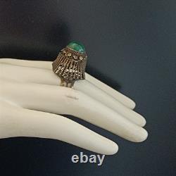 Boho Tribal Ring Yemenite Green Stone Filigree Ethnic Sterling Gold Plate VTG