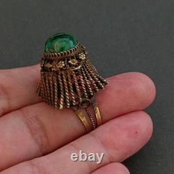 Boho Tribal Ring Yemenite Green Stone Filigree Ethnic Sterling Gold Plate VTG