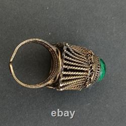 Boho Tribal Ring Yemenite Green Stone Filigree Ethnic Sterling Gold Plate VTG