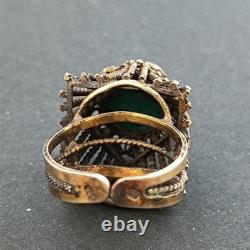 Boho Tribal Ring Yemenite Green Stone Filigree Ethnic Sterling Gold Plate VTG