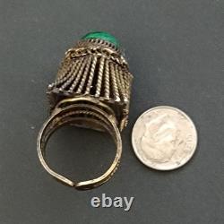 Boho Tribal Ring Yemenite Green Stone Filigree Ethnic Sterling Gold Plate VTG