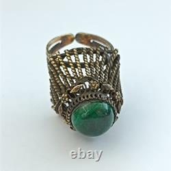 Boho Tribal Ring Yemenite Green Stone Filigree Ethnic Sterling Gold Plate VTG