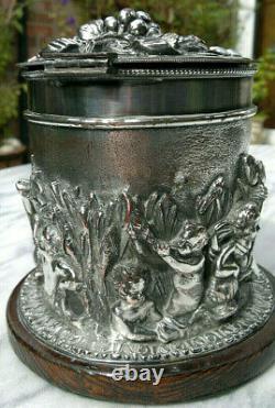 C1875 Antique French Silver Plated Tobacco Box Humidor Cherubs riding Dolphins