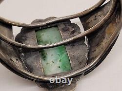 C1900 Chinese Silver Plate Carved Pierced Nephrite Jade Cuff Bracelet