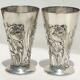 C1900s GERMAN WMF ART NOUVEAU SILVER PLATED HUNTING WILD BOAR PAIR 2 STIRRUP CUP