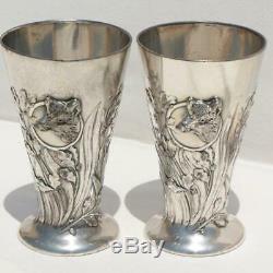 C1900s GERMAN WMF ART NOUVEAU SILVER PLATED HUNTING WILD BOAR PAIR 2 STIRRUP CUP