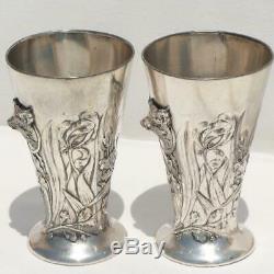 C1900s GERMAN WMF ART NOUVEAU SILVER PLATED HUNTING WILD BOAR PAIR 2 STIRRUP CUP