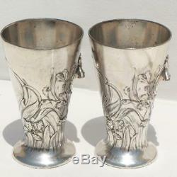 C1900s GERMAN WMF ART NOUVEAU SILVER PLATED HUNTING WILD BOAR PAIR 2 STIRRUP CUP