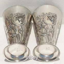 C1900s GERMAN WMF ART NOUVEAU SILVER PLATED HUNTING WILD BOAR PAIR 2 STIRRUP CUP