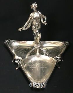 C. 1905 Wmf Silver Plated Triangular 3 Compartment Centre Piece Art Nouveau Lady