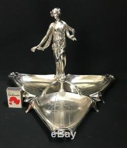 C. 1905 Wmf Silver Plated Triangular 3 Compartment Centre Piece Art Nouveau Lady