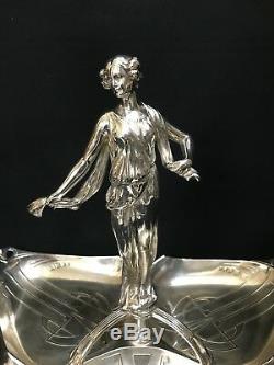 C. 1905 Wmf Silver Plated Triangular 3 Compartment Centre Piece Art Nouveau Lady