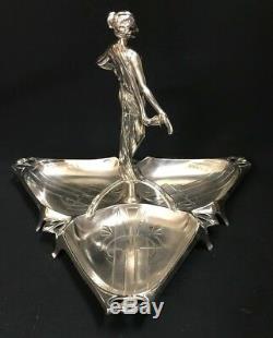 C. 1905 Wmf Silver Plated Triangular 3 Compartment Centre Piece Art Nouveau Lady