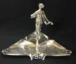 C. 1905 Wmf Silver Plated Triangular 3 Compartment Centre Piece Art Nouveau Lady