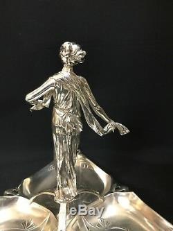 C. 1905 Wmf Silver Plated Triangular 3 Compartment Centre Piece Art Nouveau Lady