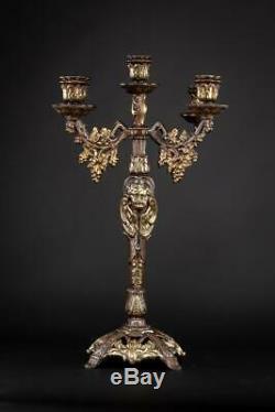 Candelabra Pair Two Bronze Candle Holders 2 Gilded 5 Lights Arms 20.5