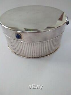 Cartier Ribbed Silver Lapis Cabochons Round Box with Original Box Certificate