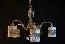 Chandelier Art Nouveau vintage silver-plated antique French 1930 5 opaline shade