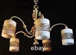 Chandelier Art Nouveau vintage silver-plated antique French 1930 5 opaline shade