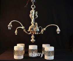 Chandelier Art Nouveau vintage silver-plated antique French 1930 5 opaline shade