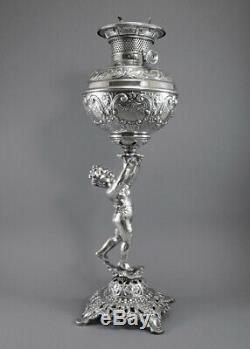 Charles Parker Silver Plate Oil Lamp Cherub Raising Font Banquet Antique