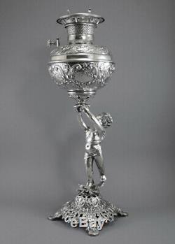 Charles Parker Silver Plate Oil Lamp Cherub Raising Font Banquet Antique