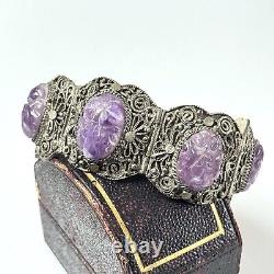 Chinese Export Carved Amethyst Silver Plated Panel Bracelet Vintage Filigree