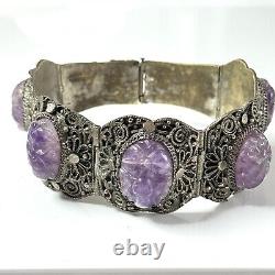 Chinese Export Carved Amethyst Silver Plated Panel Bracelet Vintage Filigree