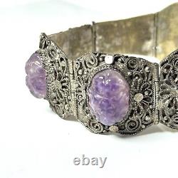 Chinese Export Carved Amethyst Silver Plated Panel Bracelet Vintage Filigree