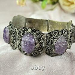 Chinese Export Carved Amethyst Silver Plated Panel Bracelet Vintage Filigree