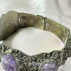 Chinese Export Carved Amethyst Silver Plated Panel Bracelet Vintage Filigree