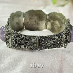 Chinese Export Carved Amethyst Silver Plated Panel Bracelet Vintage Filigree