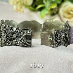 Chinese Export Carved Amethyst Silver Plated Panel Bracelet Vintage Filigree