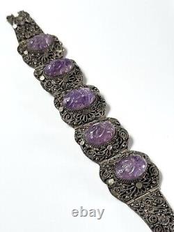 Chinese Export Carved Amethyst Silver Plated Panel Bracelet Vintage Filigree