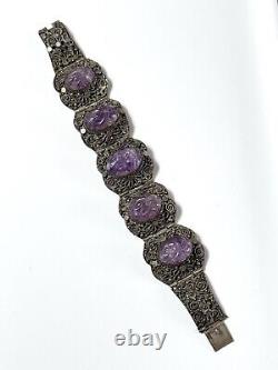 Chinese Export Carved Amethyst Silver Plated Panel Bracelet Vintage Filigree