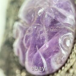 Chinese Export Carved Amethyst Silver Plated Panel Bracelet Vintage Filigree