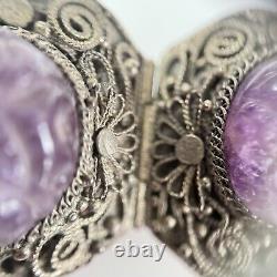 Chinese Export Carved Amethyst Silver Plated Panel Bracelet Vintage Filigree
