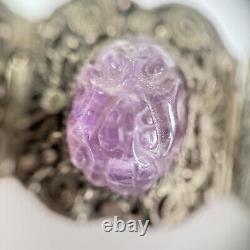 Chinese Export Carved Amethyst Silver Plated Panel Bracelet Vintage Filigree