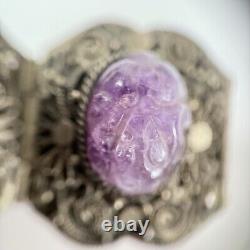 Chinese Export Carved Amethyst Silver Plated Panel Bracelet Vintage Filigree