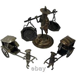 Chinese Late Qing Rickshaw Fisherman Set Of 3 Silver Plate Miniature Figurines