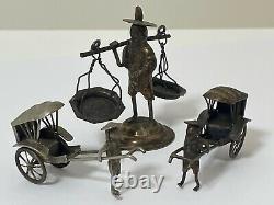 Chinese Late Qing Rickshaw Fisherman Set Of 3 Silver Plate Miniature Figurines