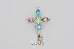 Christian Lacroix Vintage Cross Blue Pink Green Crystals Pendant Brooch, Silver