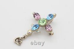 Christian Lacroix Vintage Cross Blue Pink Green Crystals Pendant Brooch, Silver