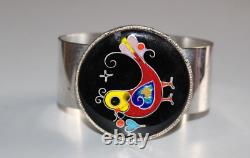 Chunky Silver Plated Vintage Cuff Bangle. Enamel Bird. Danish / Scandinavian