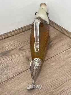 Collectible Victorian Style Silver Plate Amber Glass Fish Drinks Decanter