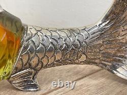 Collectible Victorian Style Silver Plate Amber Glass Fish Drinks Decanter