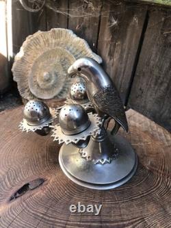 Condiment set Antique vintage Parrot bird egg cruet set silver plate 5.5 high