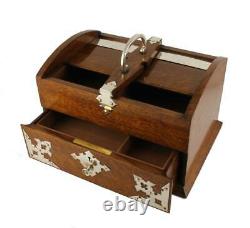 Country House Oak & Silver Plate Post In Out Box. Letter Stationery Box. C1900